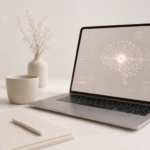 Minimal workspace with a laptop displaying an abstract AI neural interface, representing AI-generated content and the role of technology in supporting, but not replacing, human thinking in writing