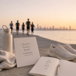 Minimal coastal running scene with running shoes, a notebook, and distant runners by the water at sunrise, representing mindfulness, discipline, breathwork, and community.”